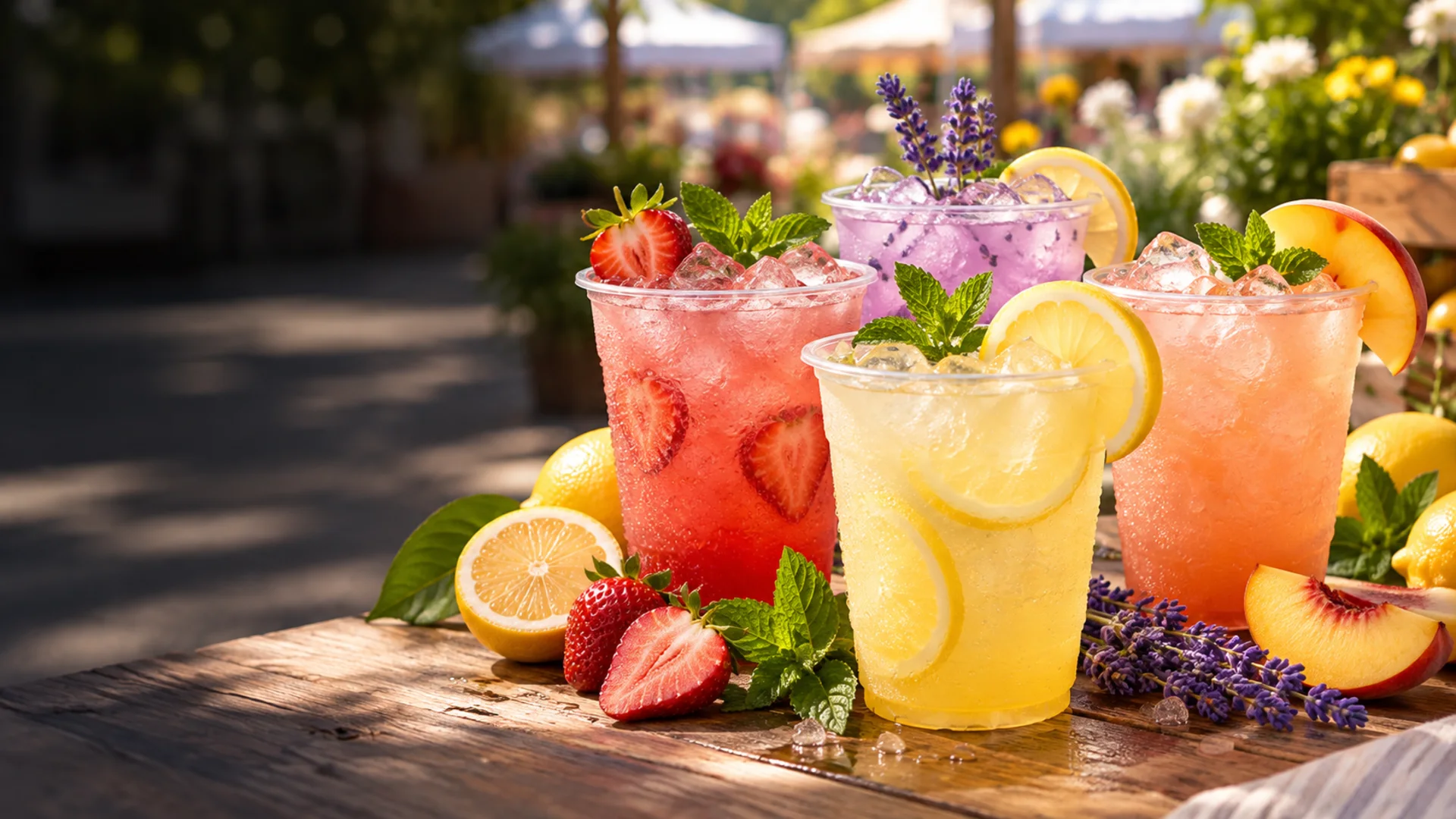 Four colorful fresh lemonades with fruit and herbs at a sunny farmers market